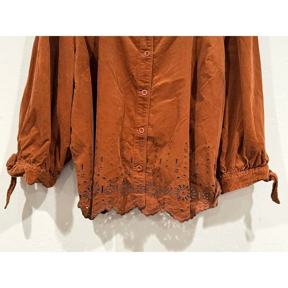 Madewell Corduroy Eyelet Button Front Top Rust Brown Square Neck Plus Size 3X